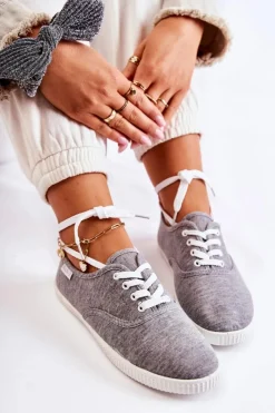 Trampki Damskie Niskie></noscript>Evento Damskie Klasyczne Tenisówki Wiązane Szare Dellis