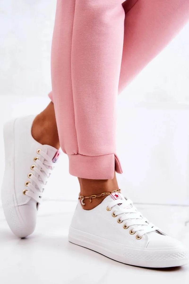 Discount Damskie Klasyczne Trampki Biało-Złote Ecoma Damskie Trampki Damskie Niskie