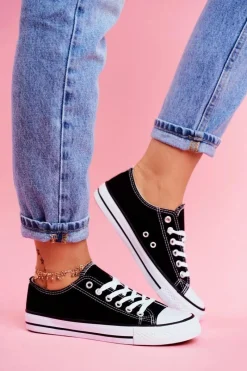 Trampki Damskie Niskie>Boto Damskie Klasyczne Trampki Czarne z Białą Podeszwą Omerta