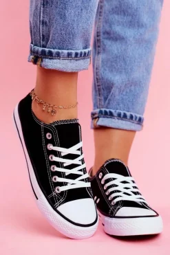 Trampki Damskie Niskie></noscript>Boto Damskie Klasyczne Trampki Czarne z Białą Podeszwą Omerta