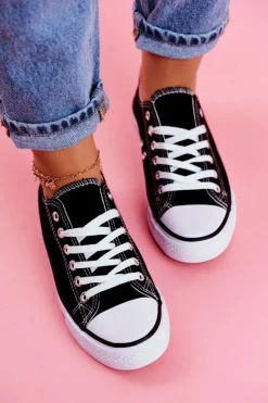 Trampki Damskie Niskie></noscript>Boto Damskie Klasyczne Trampki Czarne z Białą Podeszwą Omerta