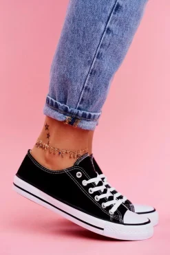 Trampki Damskie Niskie></noscript>Boto Damskie Klasyczne Trampki Czarne z Białą Podeszwą Omerta