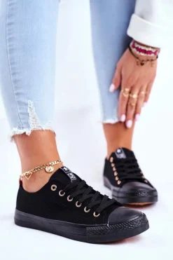 New Damskie Klasyczne Trampki Czarne Ze Złotymi Oczkami Ecoma Damskie Trampki Damskie Niskie