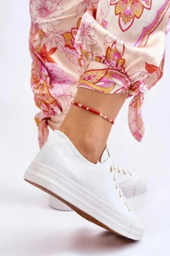 Trampki Damskie Niskie></noscript>Evento Damskie Klasyczne Trampki Biało-Złote Ecoma Biały