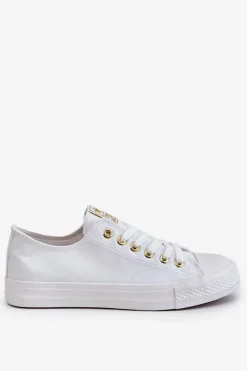 Trampki Damskie Niskie></noscript>Evento Damskie Klasyczne Trampki Biało-Złote Ecoma Biały