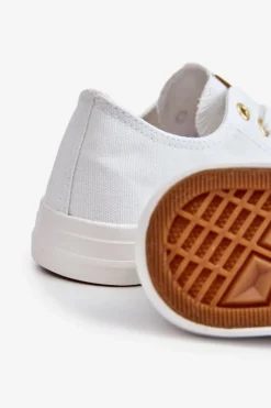 Trampki Damskie Niskie></noscript>Evento Damskie Klasyczne Trampki Biało-Złote Ecoma Biały