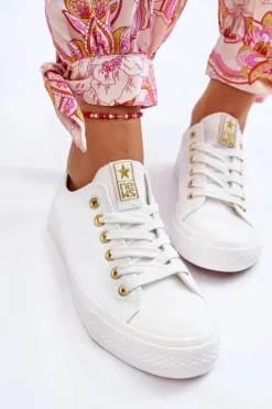 Trampki Damskie Niskie></noscript>Evento Damskie Klasyczne Trampki Biało-Złote Ecoma Biały