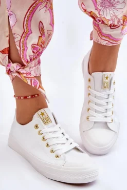 Trampki Damskie Niskie></noscript>Evento Damskie Klasyczne Trampki Biało-Złote Ecoma Biały