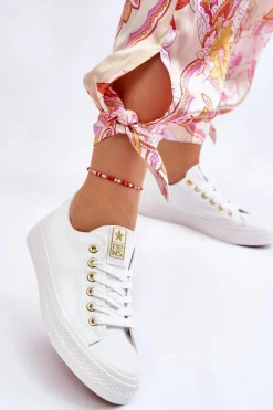 Trampki Damskie Niskie></noscript>Evento Damskie Klasyczne Trampki Biało-Złote Ecoma Biały