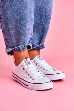 Trampki Damskie Niskie></noscript>Boto Damskie Klasyczne Trampki Białe Z Czerwoną Lamówką Ecoma