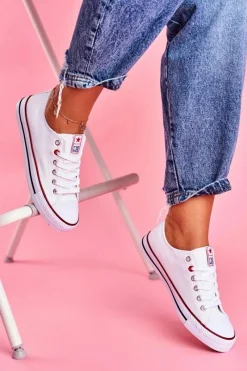 Trampki Damskie Niskie></noscript>Boto Damskie Klasyczne Trampki Białe Z Czerwoną Lamówką Ecoma