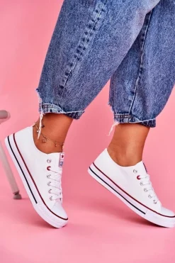 Trampki Damskie Niskie></noscript>Boto Damskie Klasyczne Trampki Białe Z Czerwoną Lamówką Ecoma