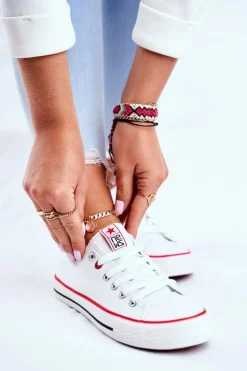 Trampki Damskie Niskie></noscript>Boto Damskie Klasyczne Trampki Białe Z Czerwoną Lamówką Ecoma