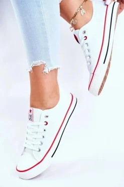 Trampki Damskie Niskie></noscript>Boto Damskie Klasyczne Trampki Białe Z Czerwoną Lamówką Ecoma