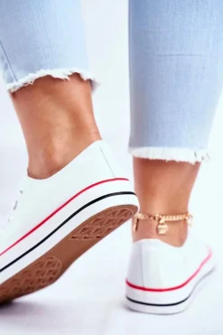 Trampki Damskie Niskie></noscript>Boto Damskie Klasyczne Trampki Białe Z Czerwoną Lamówką Ecoma