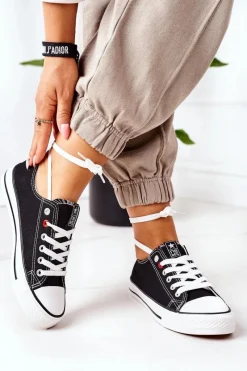 Trampki Damskie Niskie></noscript>Evento Damskie Klasyczne Trampki Czarne Z Białą Podeszwą Ecoma