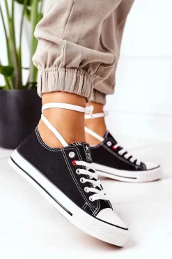 Trampki Damskie Niskie></noscript>Evento Damskie Klasyczne Trampki Czarne Z Białą Podeszwą Ecoma