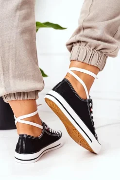 Trampki Damskie Niskie></noscript>Evento Damskie Klasyczne Trampki Czarne Z Białą Podeszwą Ecoma