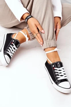 Trampki Damskie Niskie></noscript>Evento Damskie Klasyczne Trampki Czarne Z Białą Podeszwą Ecoma