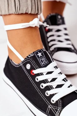 Trampki Damskie Niskie></noscript>Evento Damskie Klasyczne Trampki Czarne Z Białą Podeszwą Ecoma