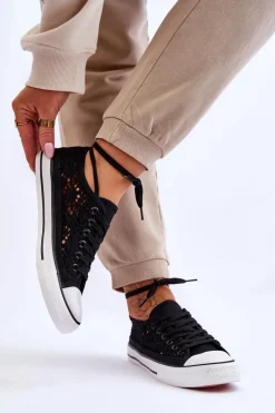 Sale Boto Damskie Koronkowe Materiałowe Trampki Czarne Fergo