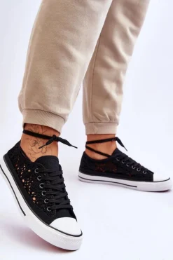 Sale Boto Damskie Koronkowe Materiałowe Trampki Czarne Fergo