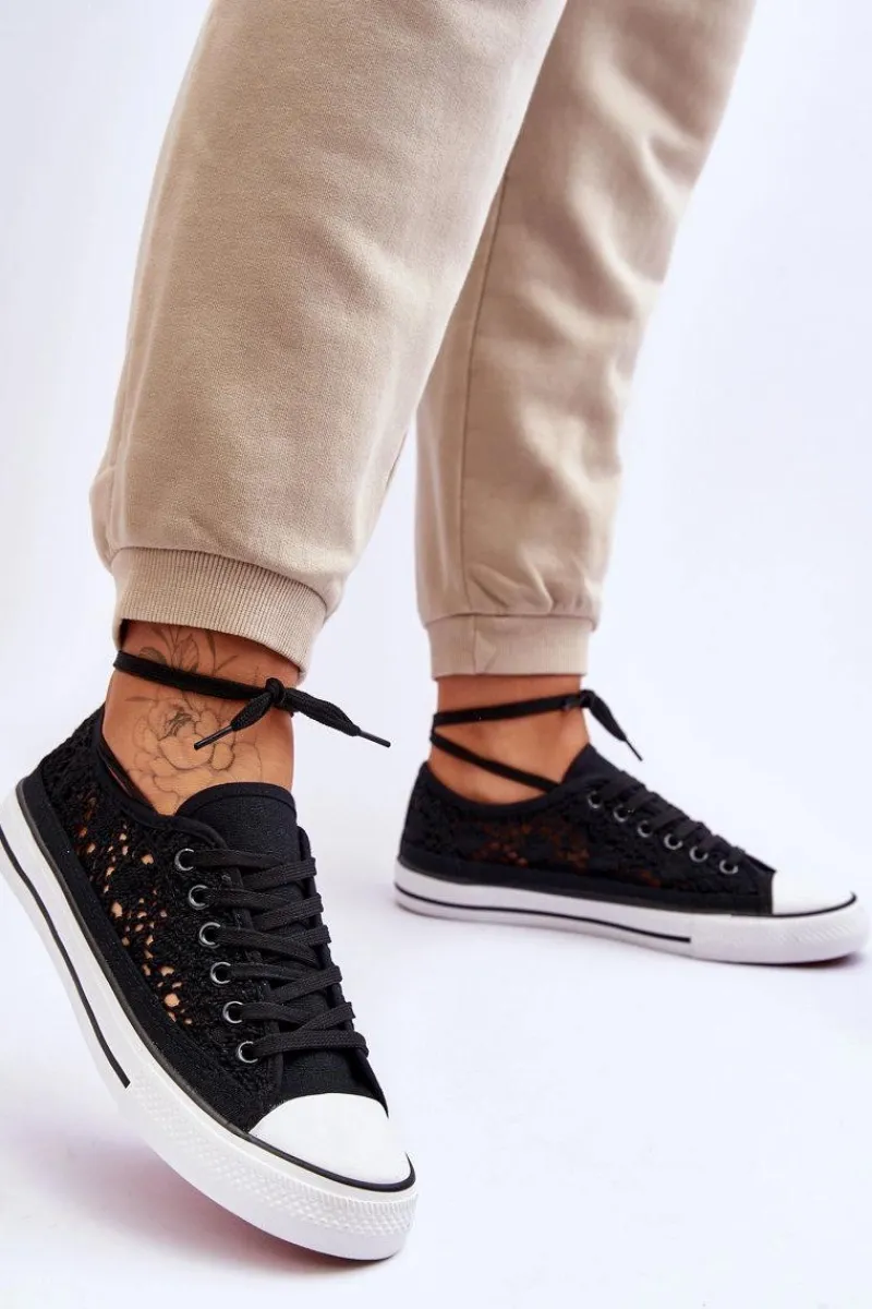 Sale Boto Damskie Koronkowe Materiałowe Trampki Czarne Fergo