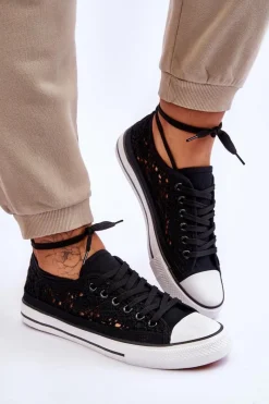 Sale Boto Damskie Koronkowe Materiałowe Trampki Czarne Fergo