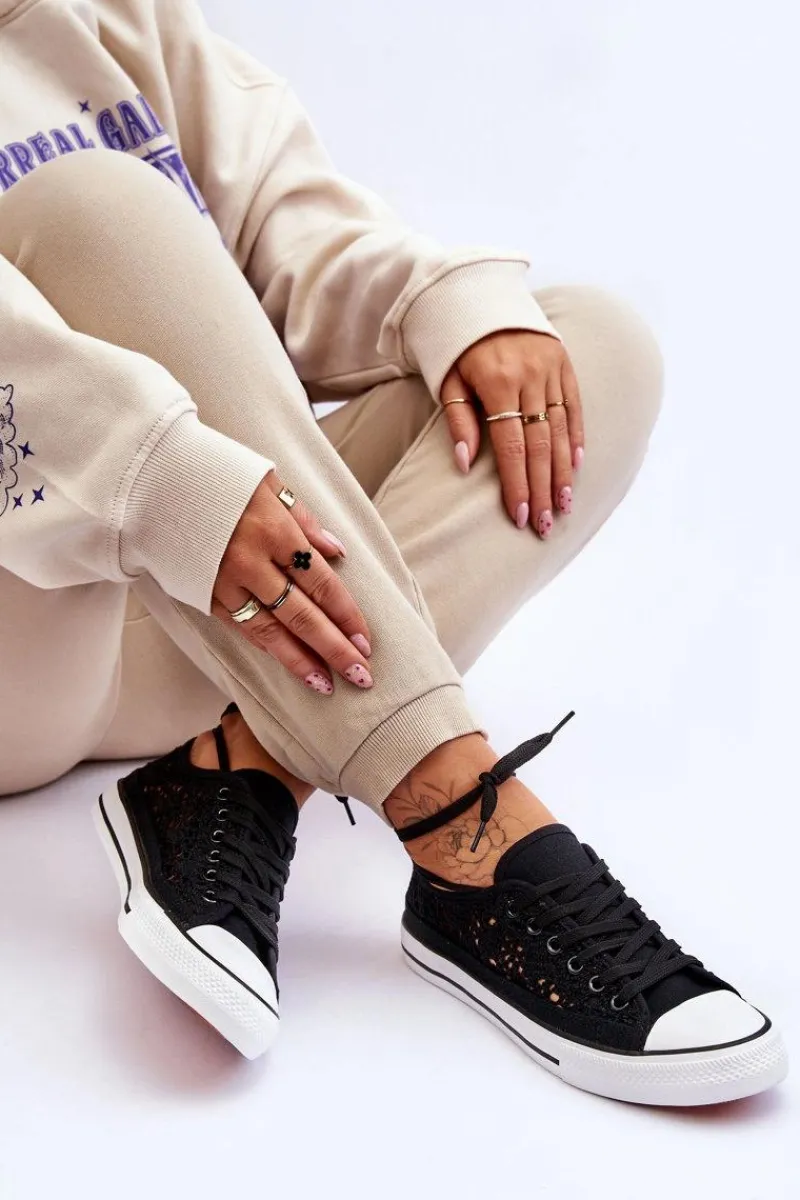 Sale Boto Damskie Koronkowe Materiałowe Trampki Czarne Fergo