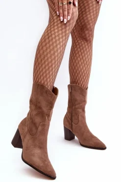 Botki Wiosenne|Brązowe I Beżowe Botki>Boto Damskie Kowbojki Botki Na Słupku Ciemnobeżowe Danell