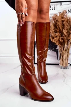 Hot Damskie kozaki do kolana Sergio Leone brązowe KZ278 Damskie Kozaki Na Obcasie
