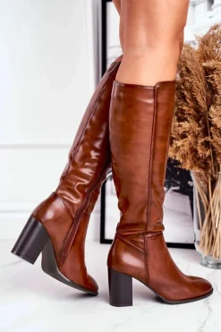 Hot Damskie kozaki do kolana Sergio Leone brązowe KZ278 Damskie Kozaki Na Obcasie