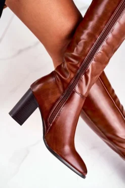 Hot Damskie kozaki do kolana Sergio Leone brązowe KZ278 Damskie Kozaki Na Obcasie