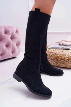 New Boto Damskie Kozaki Do Połowy Łydki Zamszowe Czarne Temet