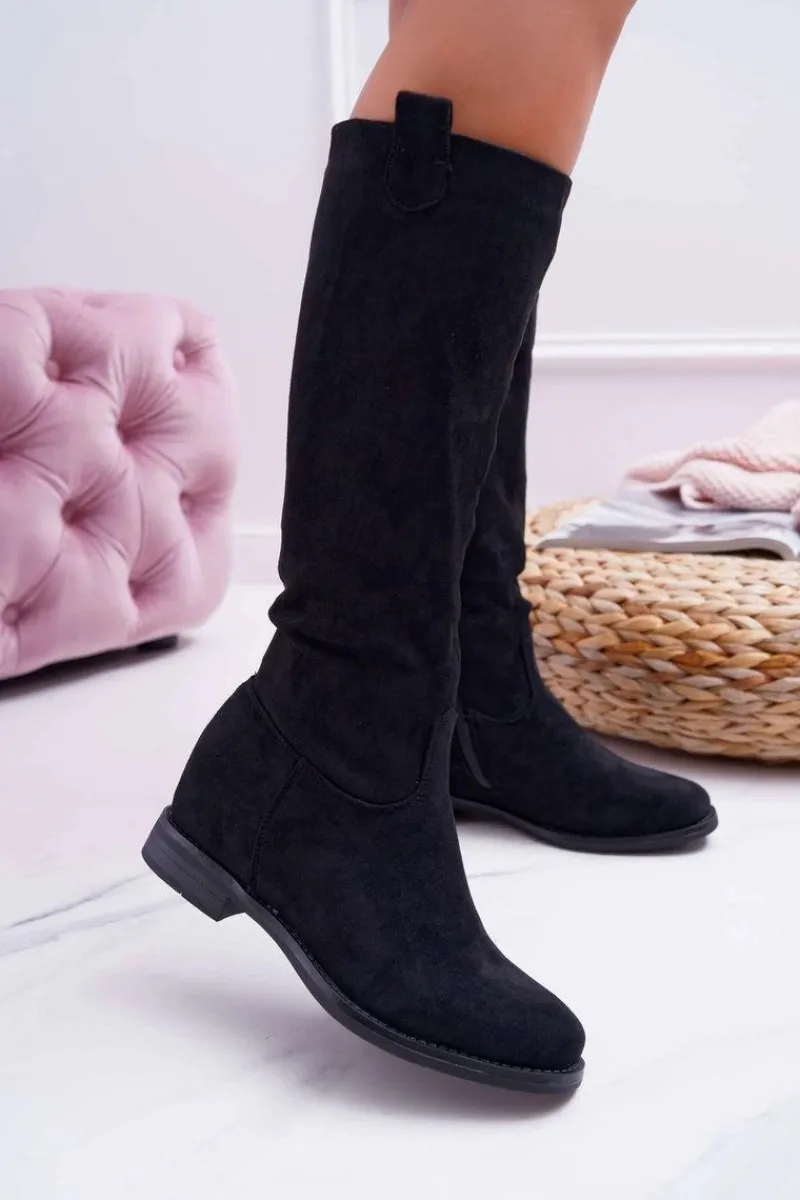 New Boto Damskie Kozaki Do Połowy Łydki Zamszowe Czarne Temet