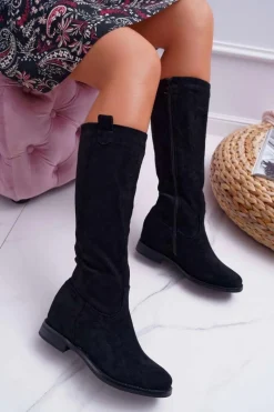 New Boto Damskie Kozaki Do Połowy Łydki Zamszowe Czarne Temet