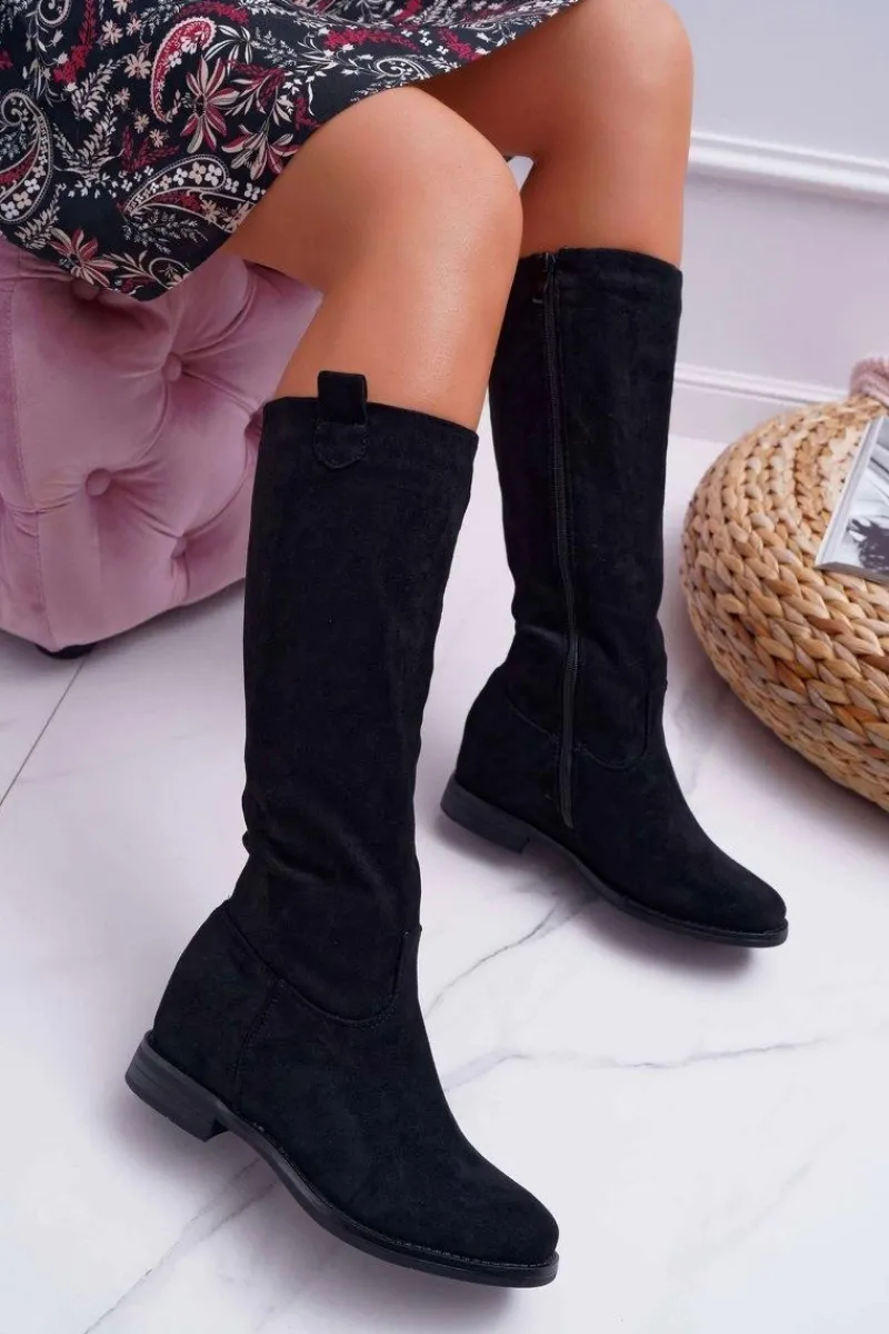 New Boto Damskie Kozaki Do Połowy Łydki Zamszowe Czarne Temet