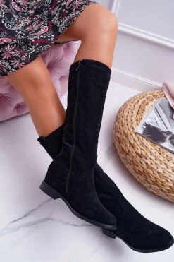 New Boto Damskie Kozaki Do Połowy Łydki Zamszowe Czarne Temet