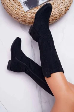 New Boto Damskie Kozaki Do Połowy Łydki Zamszowe Czarne Temet