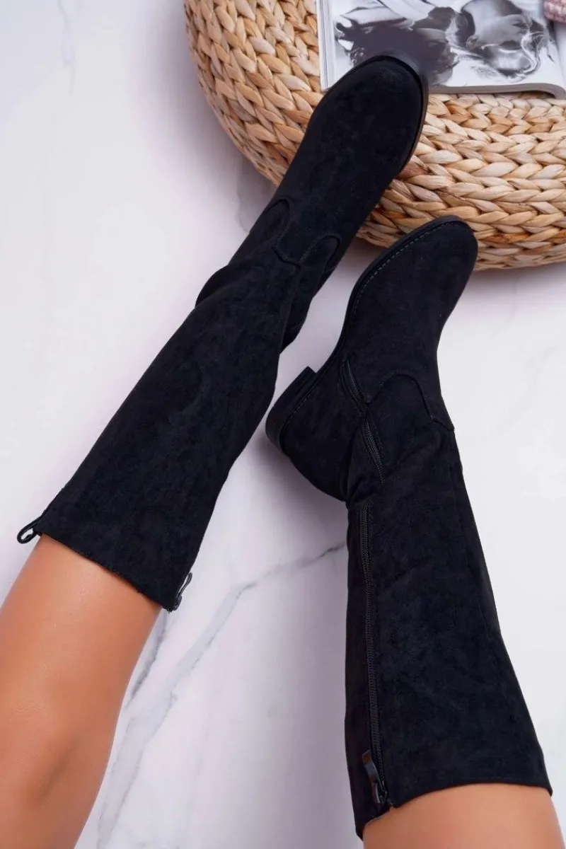 New Boto Damskie Kozaki Do Połowy Łydki Zamszowe Czarne Temet