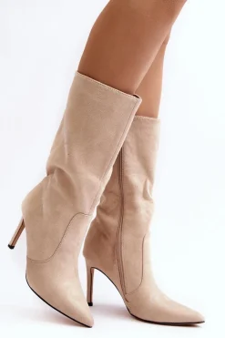 Kozaki Wiosenne|Kozaki Przed Kolano>Boto Damskie Kozaki Do Połowy Łydki Na Szpilce Beżowe Odetteia