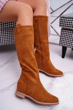 Best Damskie Kozaki Do Połowy Łydki Zamszowe Camel Temet Damskie Kozaki Na Obcasie|Kozaki Zamszowe