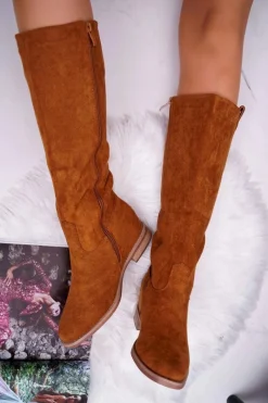 Best Damskie Kozaki Do Połowy Łydki Zamszowe Camel Temet Damskie Kozaki Na Obcasie|Kozaki Zamszowe