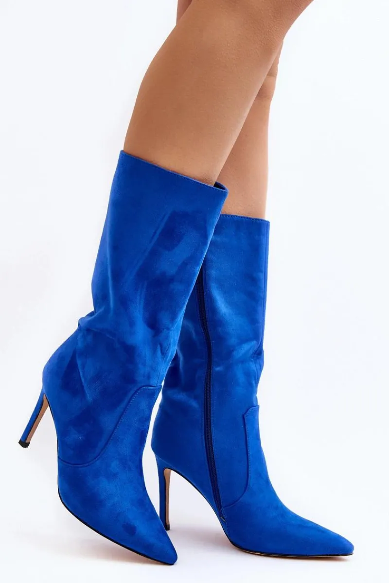 Damskie Kozaki Do Połowy Łydki Na Szpilce Niebieskie Odetteia Damskie Kozaki Wiosenne|Kozaki Przed Kolano