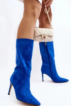 Damskie Kozaki Do Połowy Łydki Na Szpilce Niebieskie Odetteia Damskie Kozaki Wiosenne|Kozaki Przed Kolano