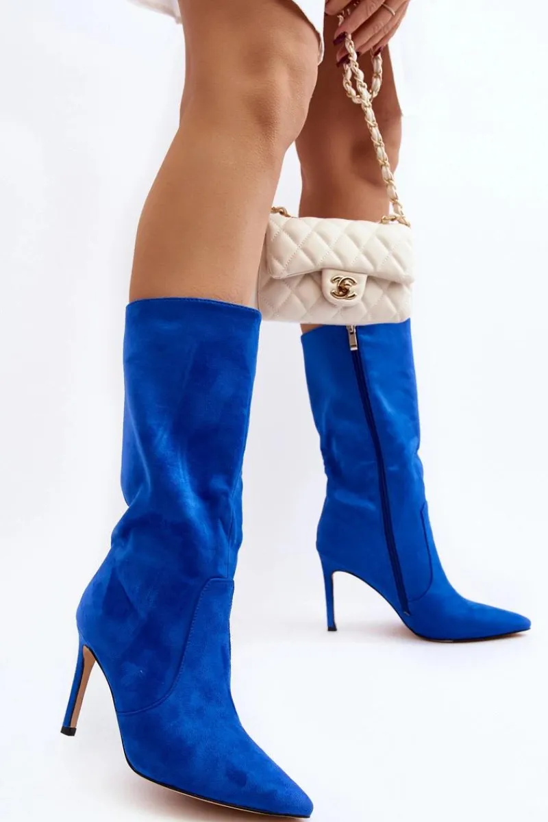 Damskie Kozaki Do Połowy Łydki Na Szpilce Niebieskie Odetteia Damskie Kozaki Wiosenne|Kozaki Przed Kolano