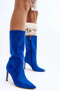 Damskie Kozaki Do Połowy Łydki Na Szpilce Niebieskie Odetteia Damskie Kozaki Wiosenne|Kozaki Przed Kolano