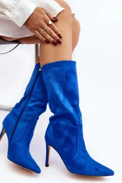 Damskie Kozaki Do Połowy Łydki Na Szpilce Niebieskie Odetteia Damskie Kozaki Wiosenne|Kozaki Przed Kolano
