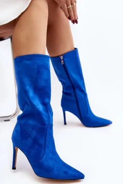 Damskie Kozaki Do Połowy Łydki Na Szpilce Niebieskie Odetteia Damskie Kozaki Wiosenne|Kozaki Przed Kolano