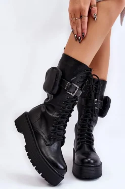 Kozaki Płaskie|Kozaki Przed Kolano>Boto Damskie Kozaki Glany Z Nerką Sznurowane Czarne Lillien